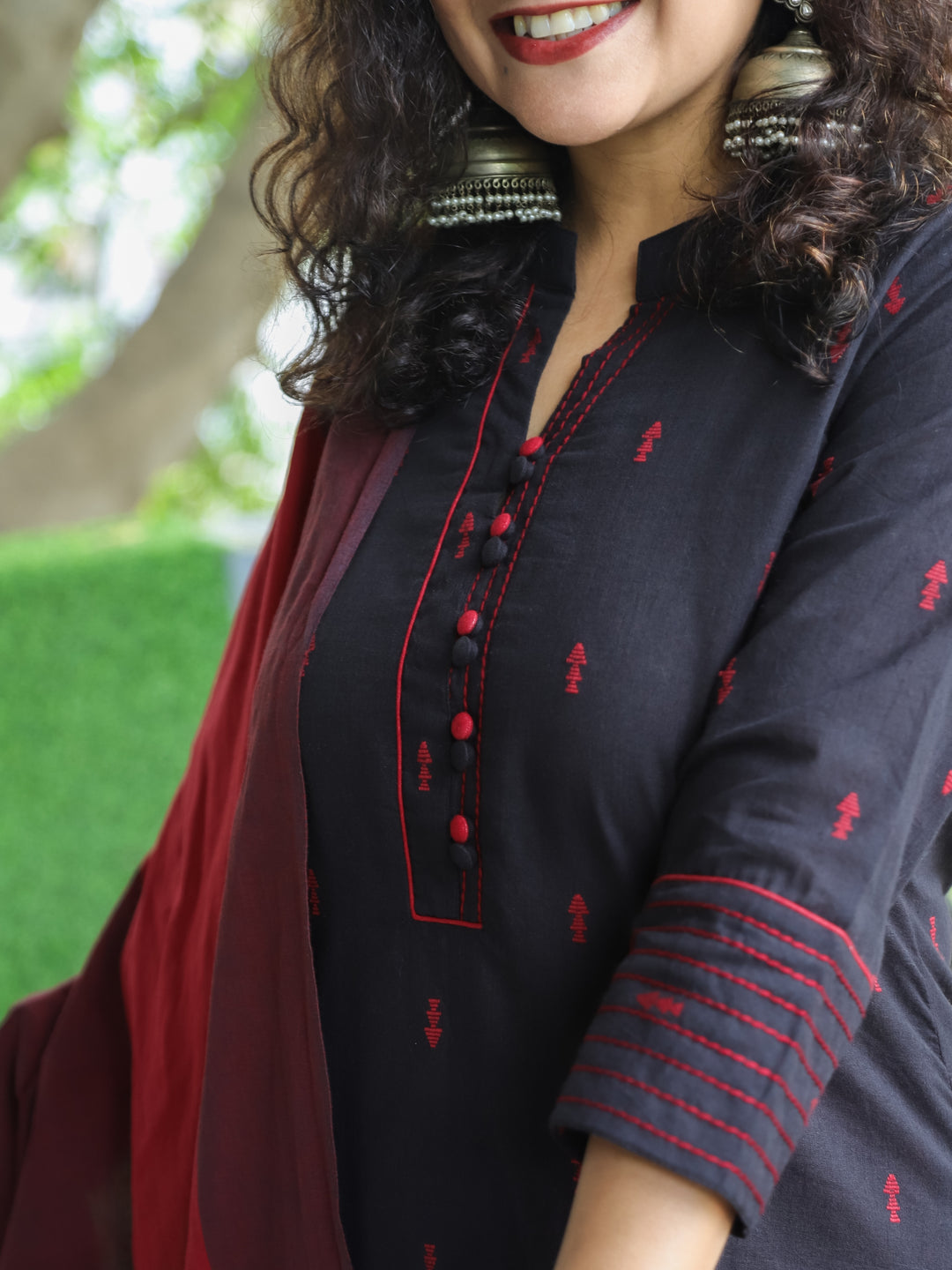 Shristhi Ebony Black Potli Button with Ban Collar in Thread Weaved South Cotton 3 Piece Set