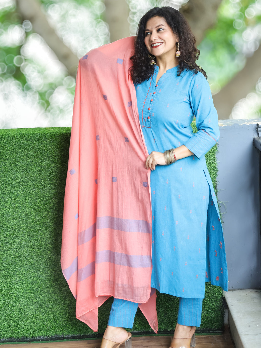 Shristhi Sky Blue Potli Button with Ban Collar in Thread Weaved South Cotton 3 Piece Set