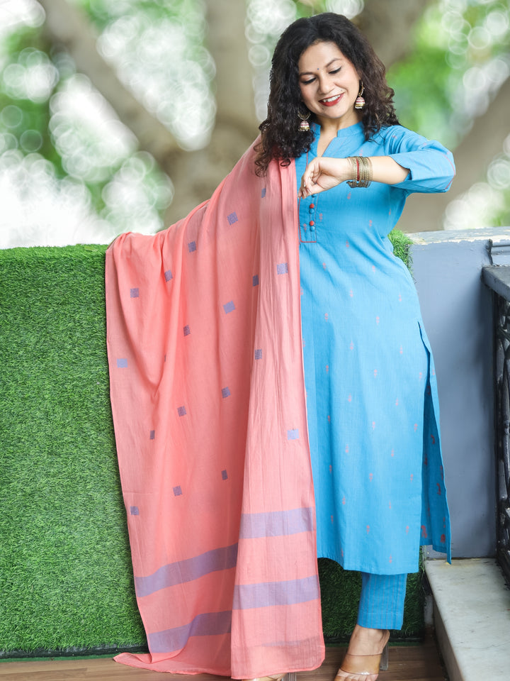 Shristhi Sky Blue Potli Button with Ban Collar in Thread Weaved South Cotton 3 Piece Set