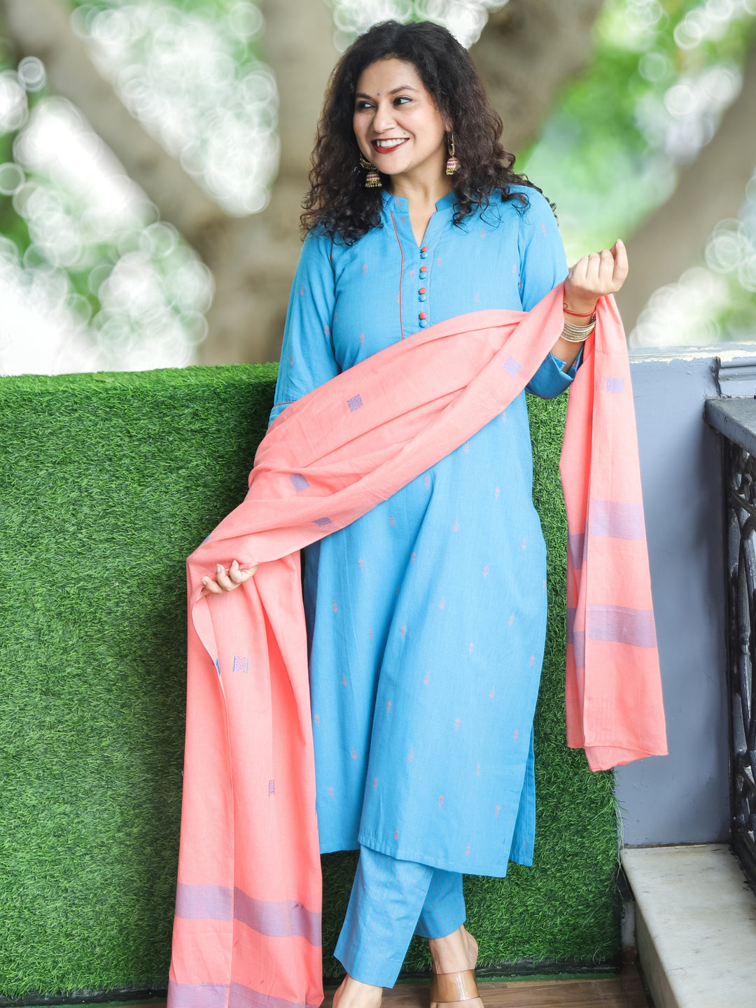 Shristhi Sky Blue Potli Button with Ban Collar in Thread Weaved South Cotton 3 Piece Set