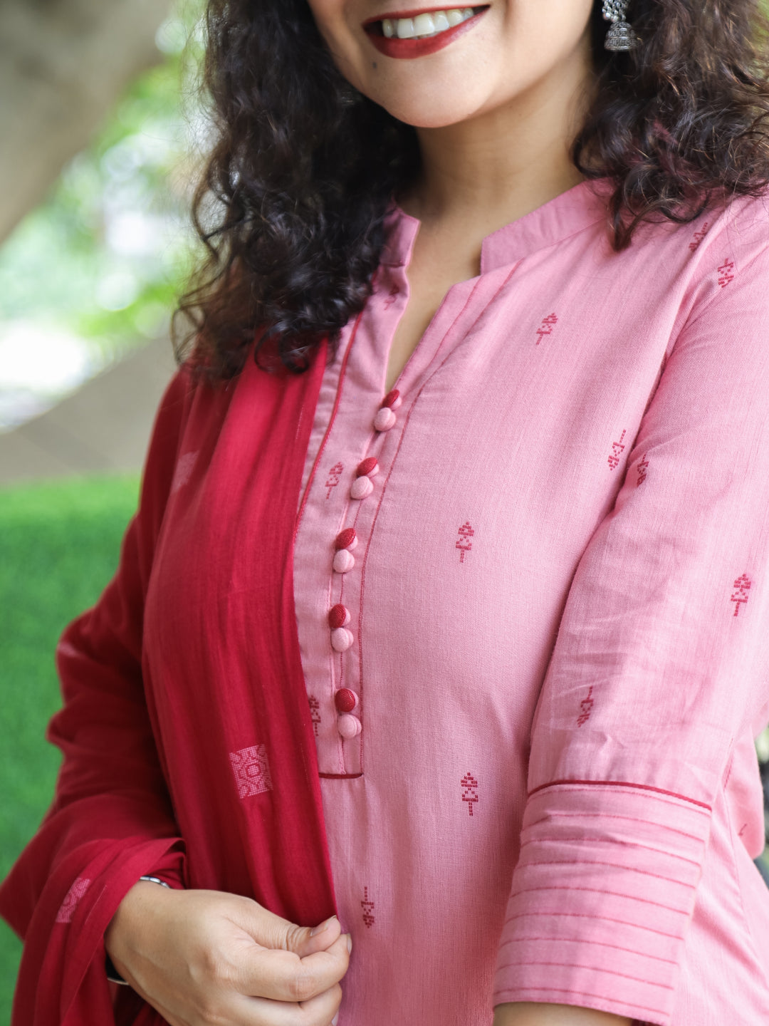 Shristhi Mauve Pink Potli Button with Ban Collar in Thread Weaved South Cotton 3 Piece Set