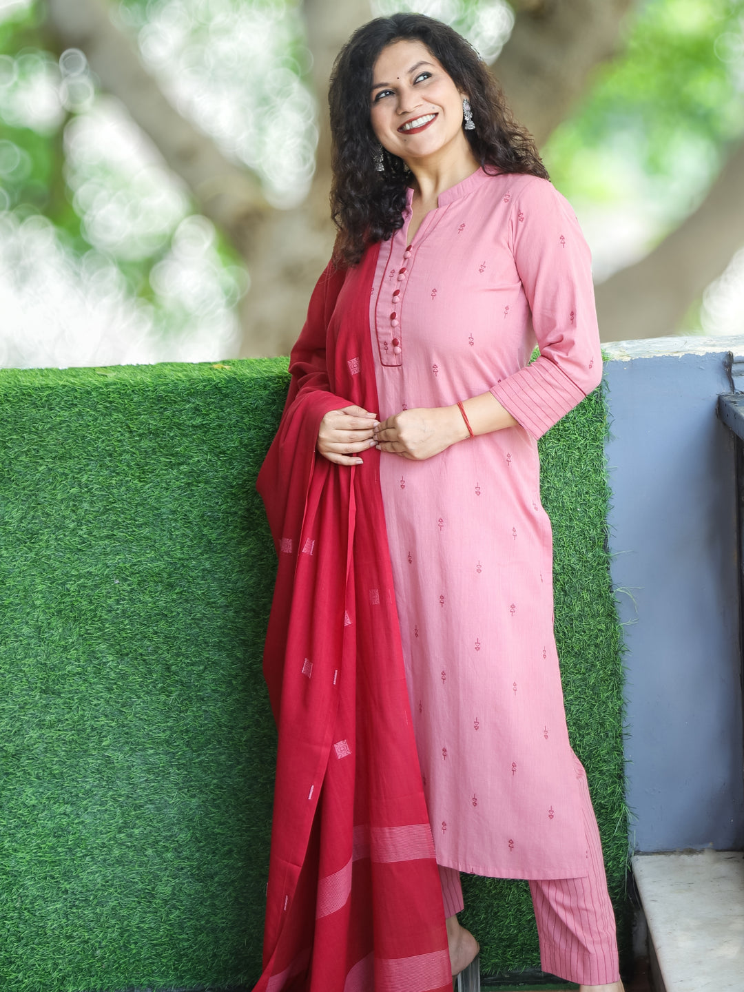 Shristhi Mauve Pink Potli Button with Ban Collar in Thread Weaved South Cotton 3 Piece Set