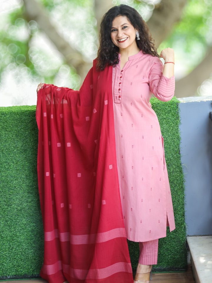 Shristhi Mauve Pink Potli Button with Ban Collar in Thread Weaved South Cotton 3 Piece Set