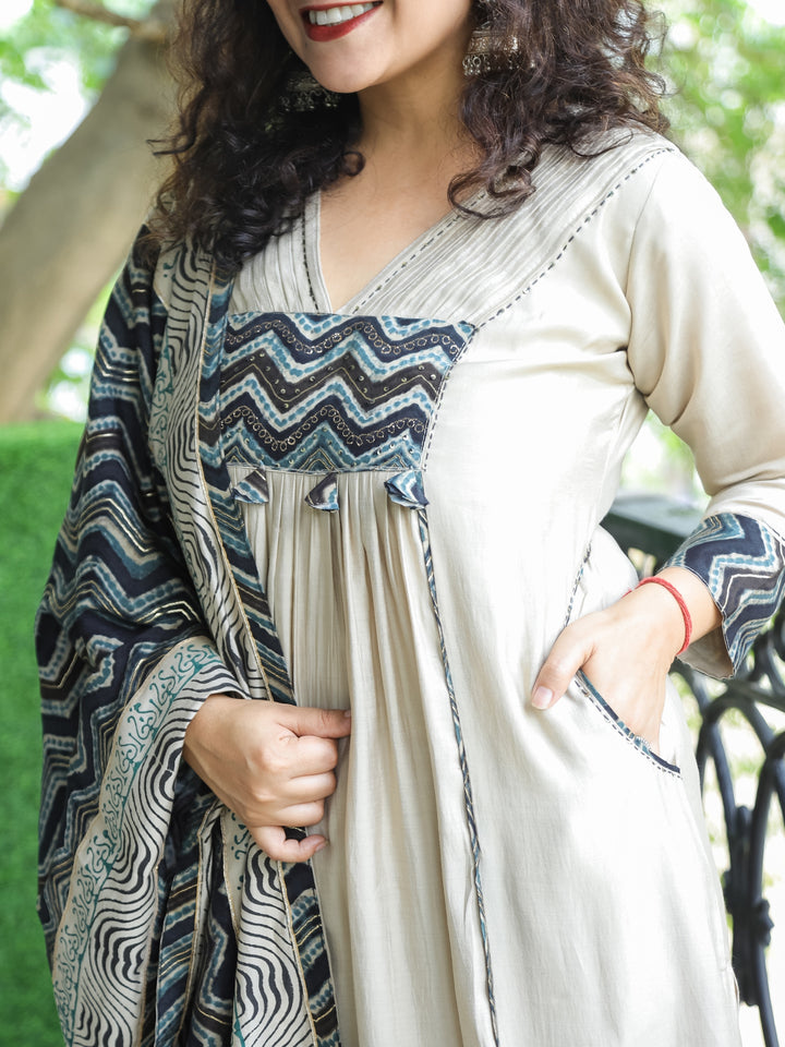 Sukhi Frappe Beige V Neck Pintuck and Gathered Work Modal 3 Piece Set with Pocket