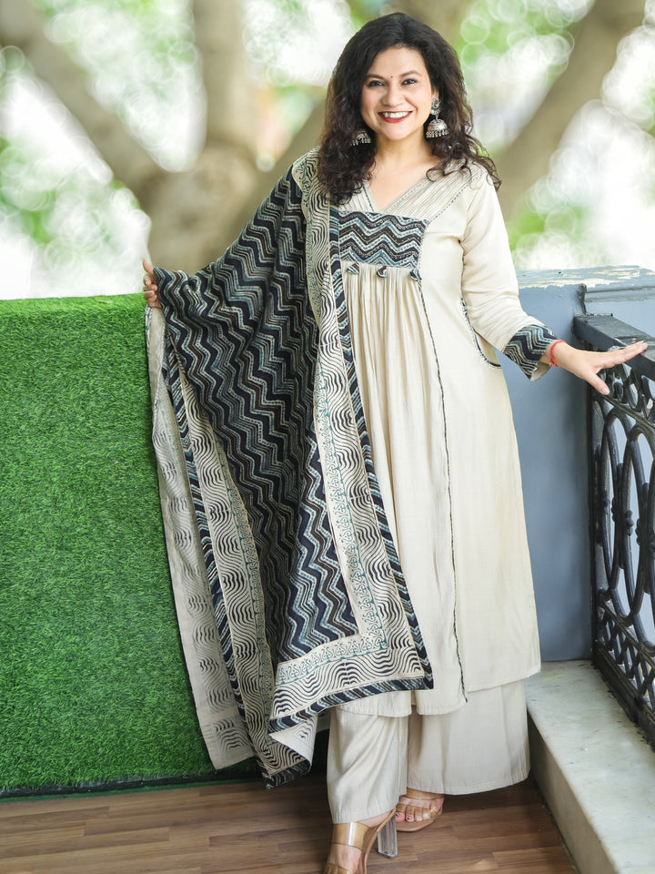 Sukhi Frappe Beige V Neck Pintuck and Gathered Work Modal 3 Piece Set with Pocket