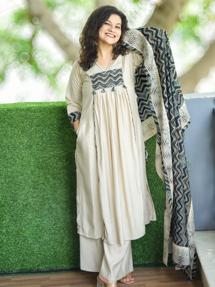 Sukhi Frappe Beige V Neck Pintuck and Gathered Work Modal 3 Piece Set with Pocket