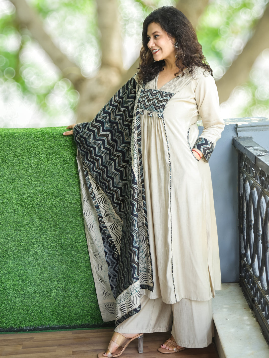 Sukhi Frappe Beige V Neck Pintuck and Gathered Work Modal 3 Piece Set with Pocket