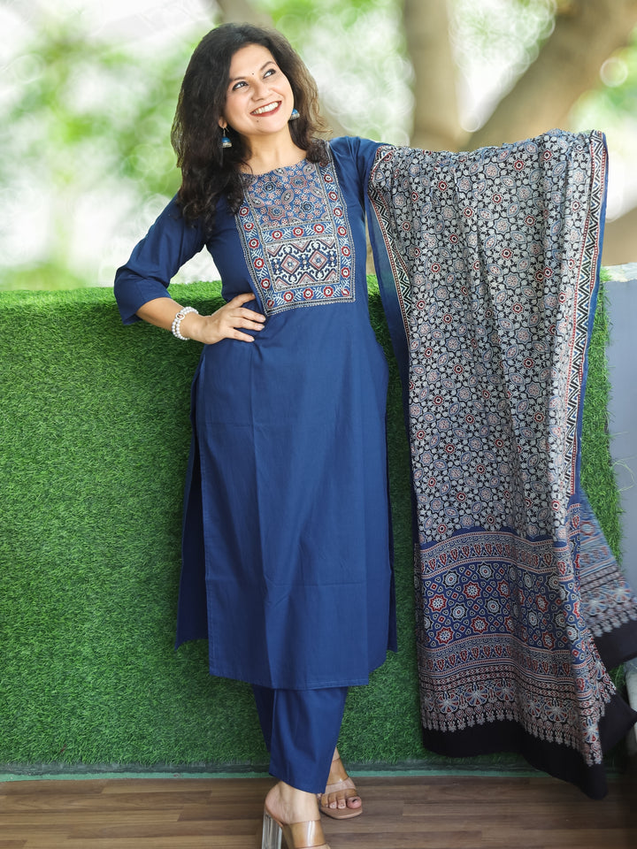 Shanti Cerulean Blue Ajrak Printed Yoke with Thread Detailing Cotton 3 Piece Set