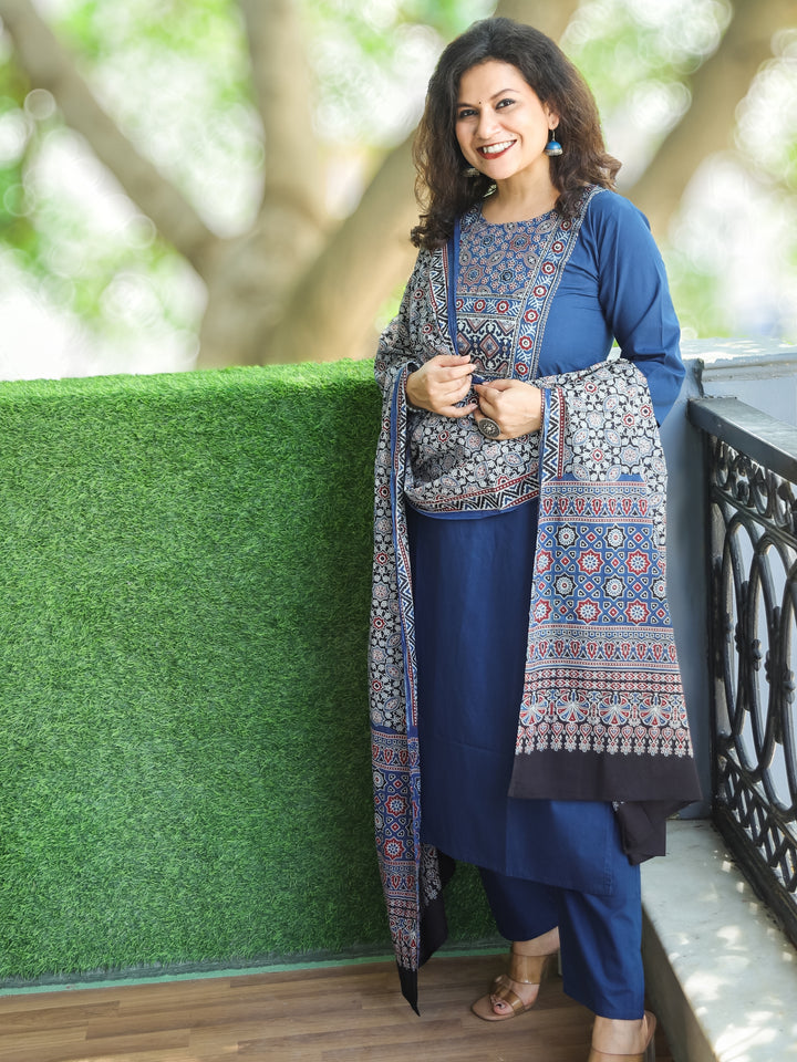 Shanti Cerulean Blue Ajrak Printed Yoke with Thread Detailing Cotton 3 Piece Set