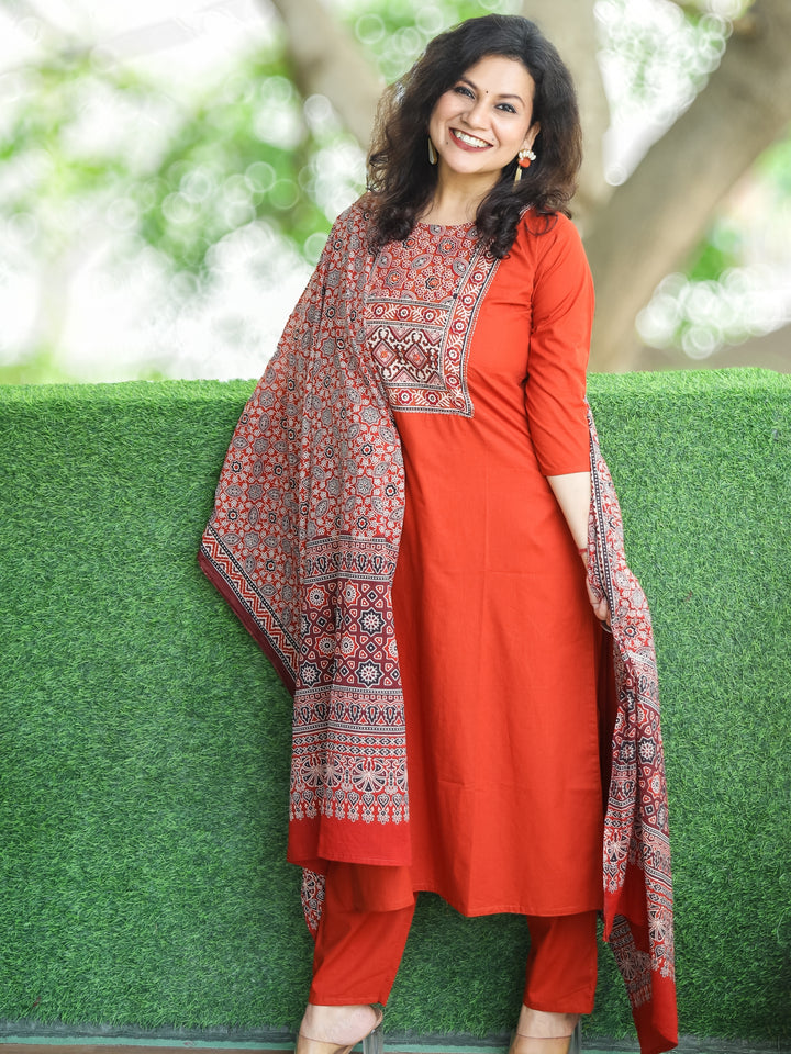 Shanti Burnt Orange Ajrak Printed Yoke with Thread Detailing Cotton 3 Piece Set