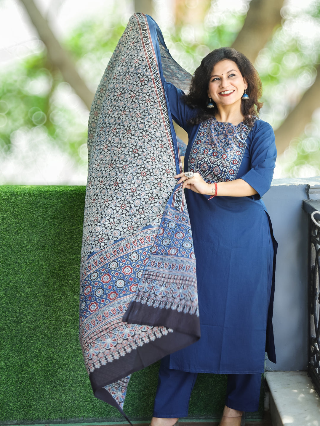 Shanti Cerulean Blue Ajrak Printed Yoke with Thread Detailing Cotton 3 Piece Set