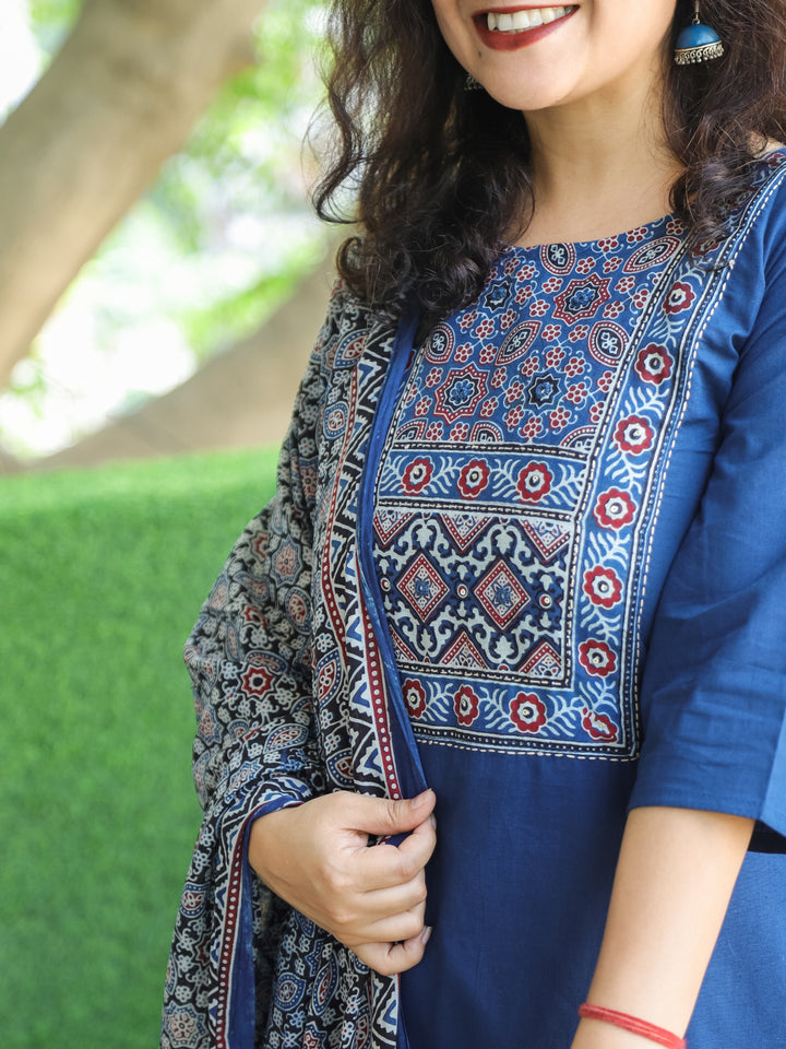 Shanti Cerulean Blue Ajrak Printed Yoke with Thread Detailing Cotton 3 Piece Set