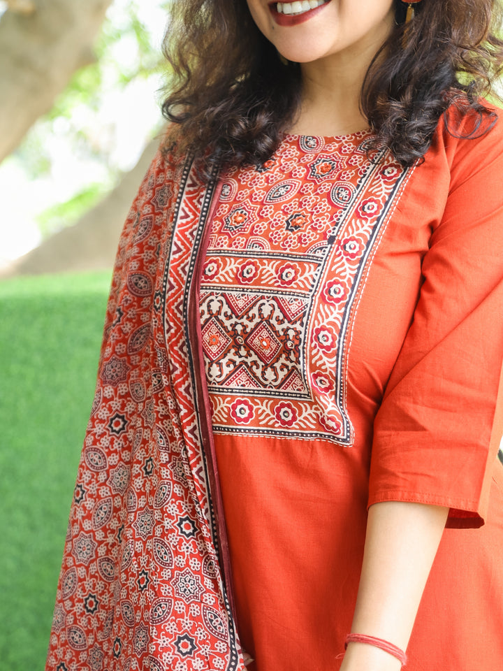 Shanti Burnt Orange Ajrak Printed Yoke with Thread Detailing Cotton 3 Piece Set