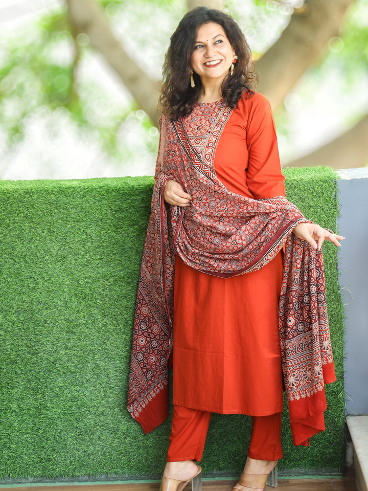 Shanti Burnt Orange Ajrak Printed Yoke with Thread Detailing Cotton 3 Piece Set
