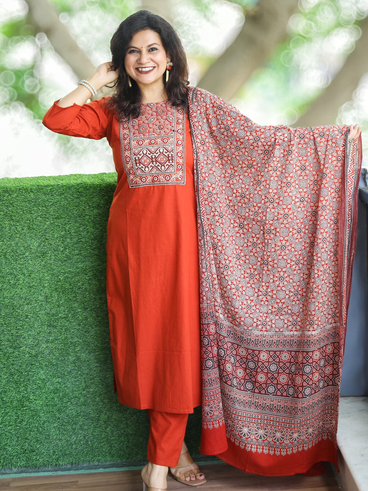 Shanti Burnt Orange Ajrak Printed Yoke with Thread Detailing Cotton 3 Piece Set