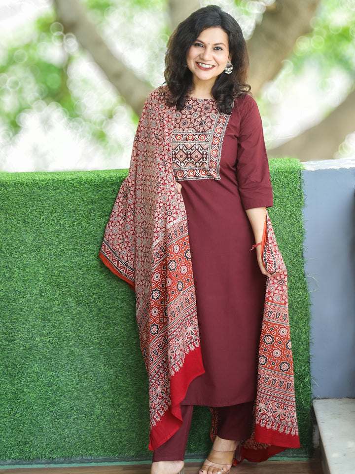 Shanti Burgundy Wine Ajrak Printed Yoke with Thread Detailing Cotton 3 Piece Set