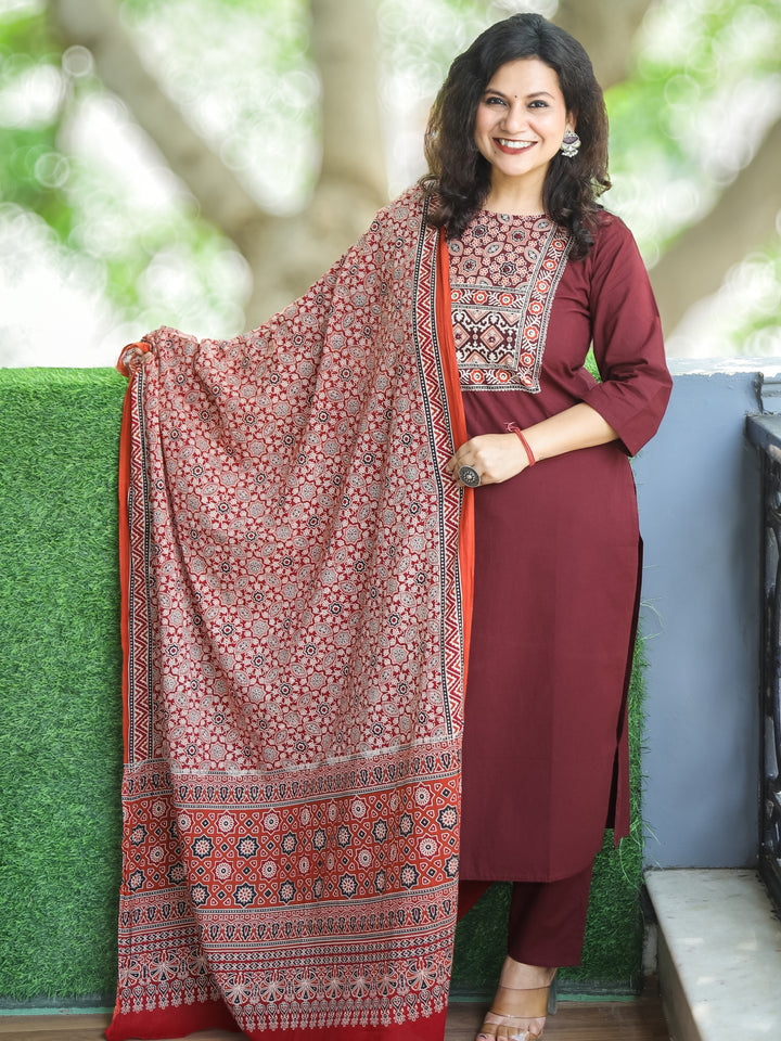 Shanti Burgundy Wine Ajrak Printed Yoke with Thread Detailing Cotton 3 Piece Set