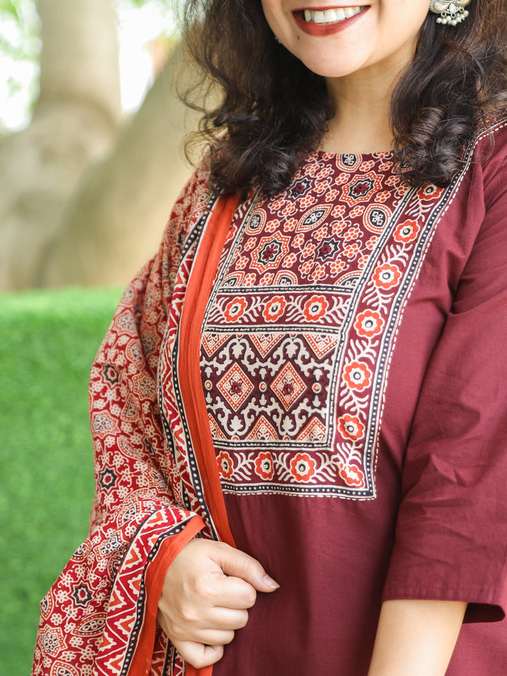 Shanti Burgundy Wine Ajrak Printed Yoke with Thread Detailing Cotton 3 Piece Set