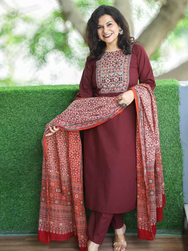 Shanti Burgundy Wine Ajrak Printed Yoke with Thread Detailing Cotton 3 Piece Set