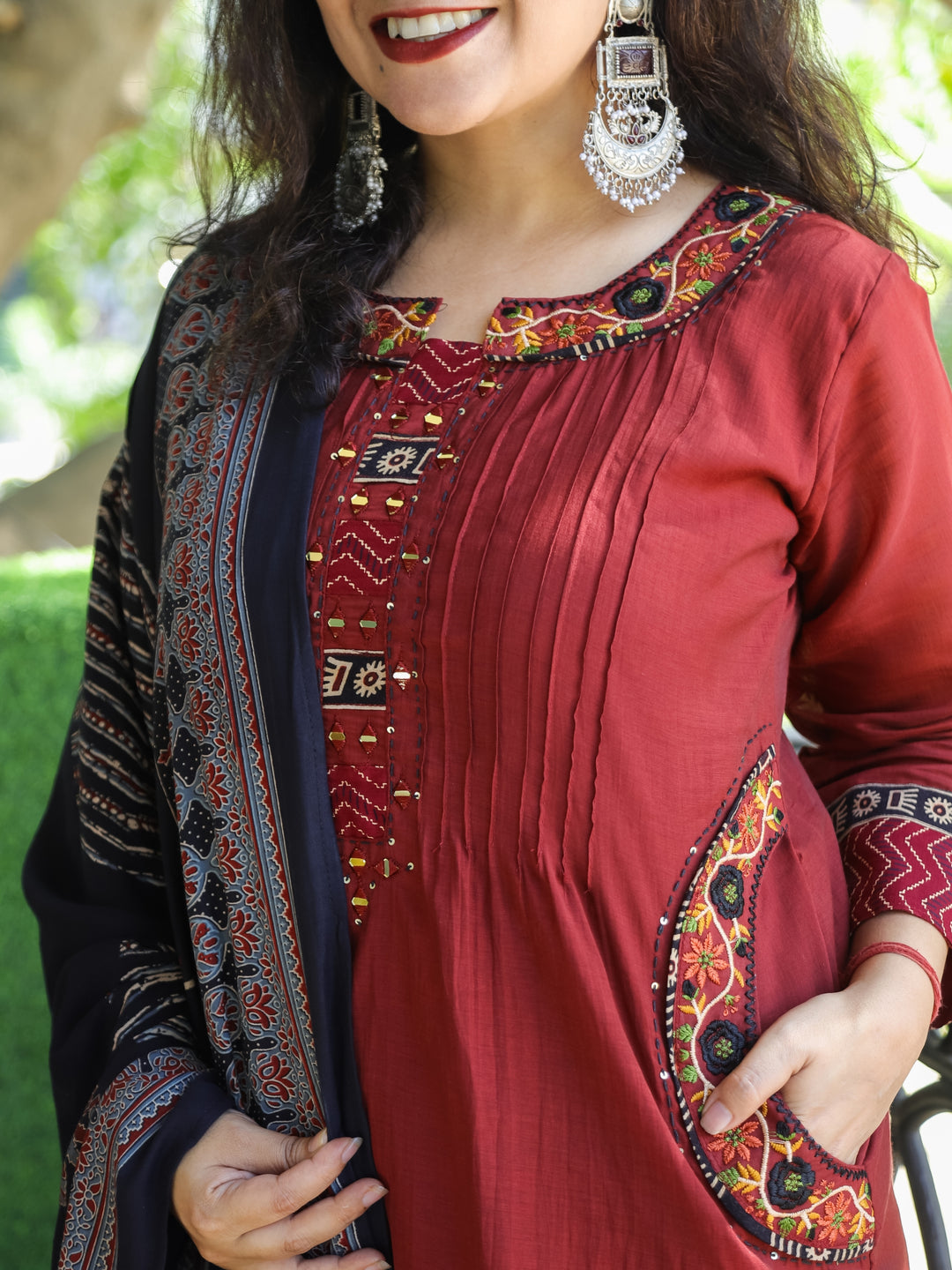 Kiara Berry Red Patch with Mirror Pintuck and Gathered Mul Chnaderi 3 Piece Set with Pocket