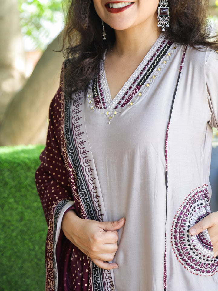 Kiara Fossil Beige V Neck Lace with Panel Style Work Modal 3 Piece Set with Pocket