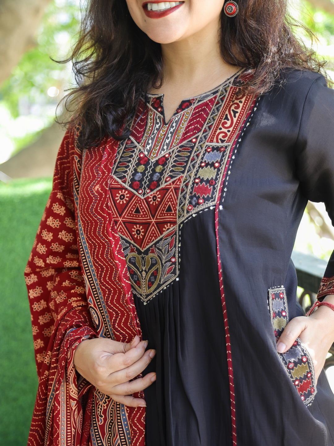Kiara Ebony Black Embriodered Neck with Gathered in Panel Mul Chnaderi 3 Piece with Pocket