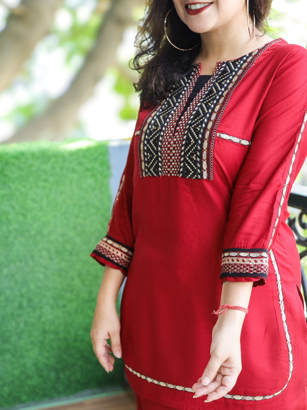 Kiara Maroon Red Thread Embroidered Neck Work Rayon 2 Piece Set