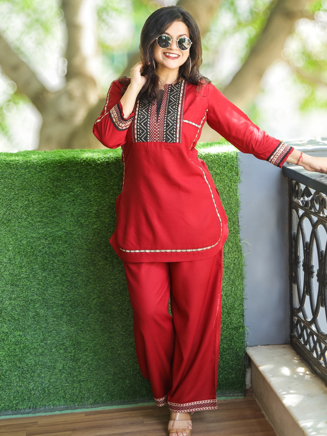 Kiara Maroon Red Thread Embroidered Neck Work Rayon 2 Piece Set