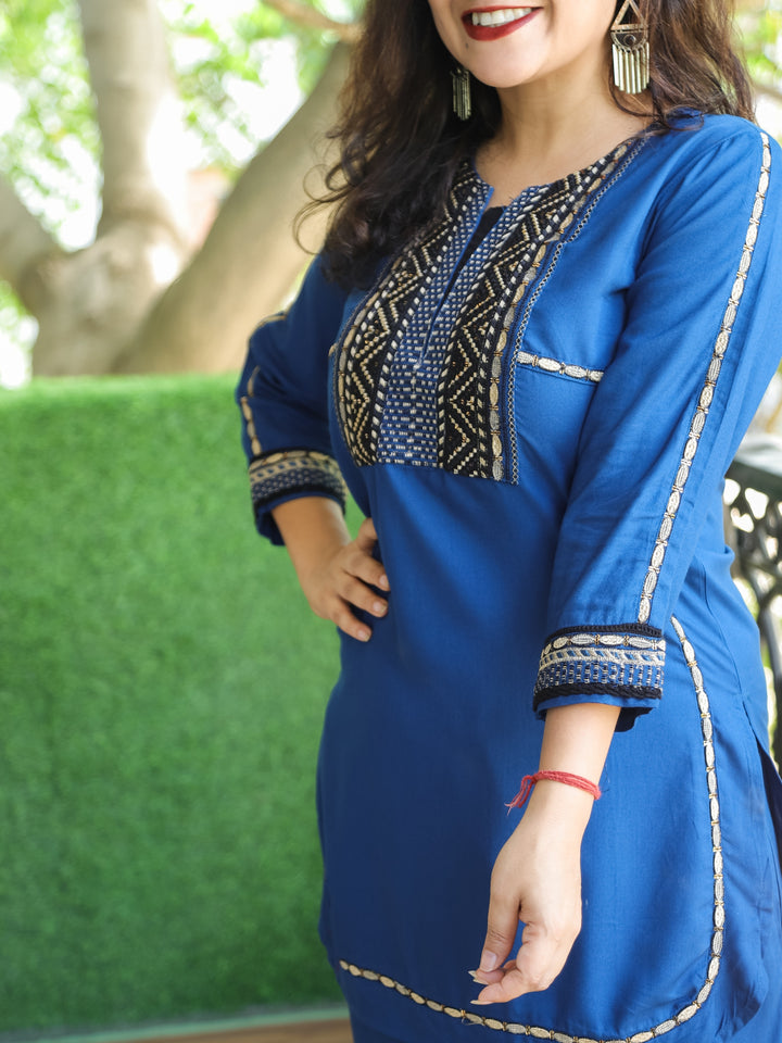 Kiara Royal Blue Thread Embroidered Neck Work Rayon 2 Piece Set