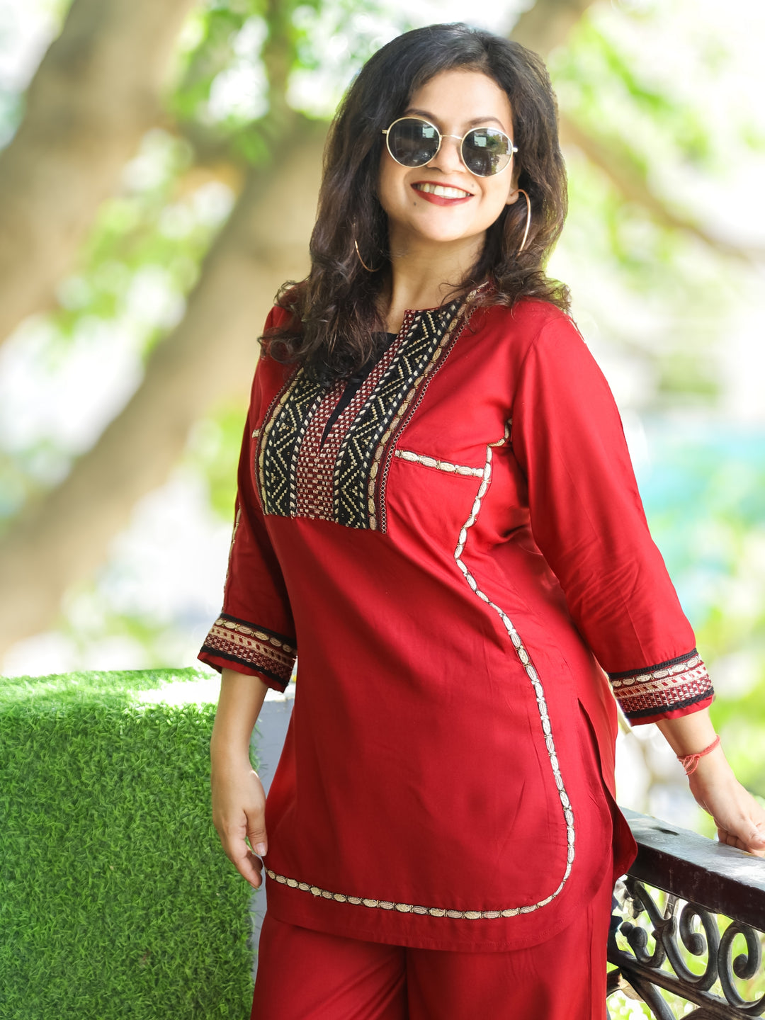 Kiara Maroon Red Thread Embroidered Neck Work Rayon 2 Piece Set