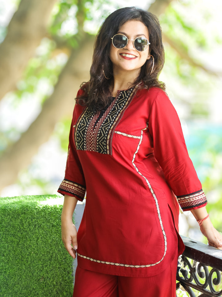 Kiara Maroon Red Thread Embroidered Neck Work Rayon 2 Piece Set