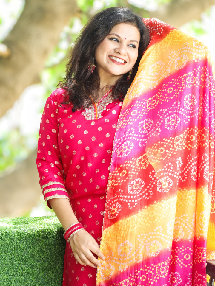 Kiara Hot Pink Embellished V Neck Work in Zari Weaved Dola Silk 3 Piece Set