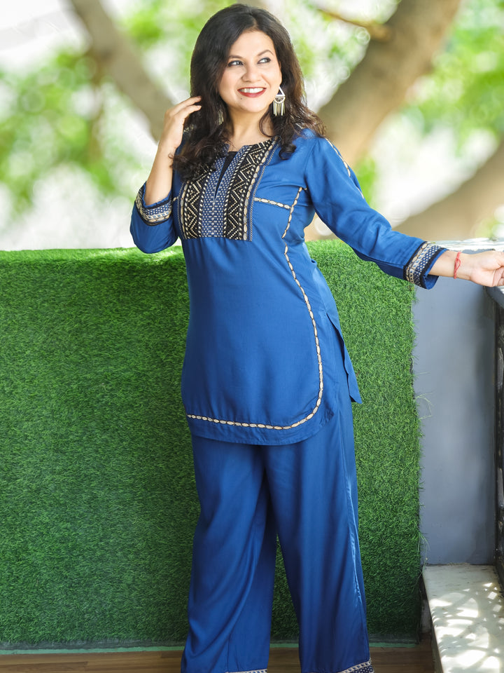 Kiara Royal Blue Thread Embroidered Neck Work Rayon 2 Piece Set
