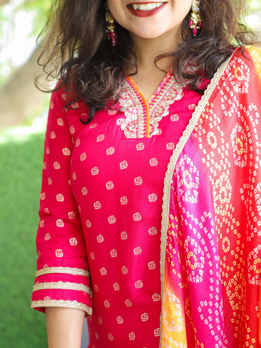 Kiara Hot Pink Embellished V Neck Work in Zari Weaved Dola Silk 3 Piece Set