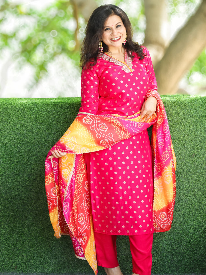 Kiara Hot Pink Embellished V Neck Work in Zari Weaved Dola Silk 3 Piece Set