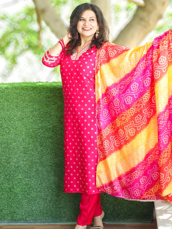 Kiara Hot Pink Embellished V Neck Work in Zari Weaved Dola Silk 3 Piece Set