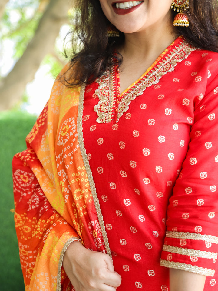 Kiara Bright Red Embellished V Neck Work in Zari Weaved Dola Silk 3 Piece Set