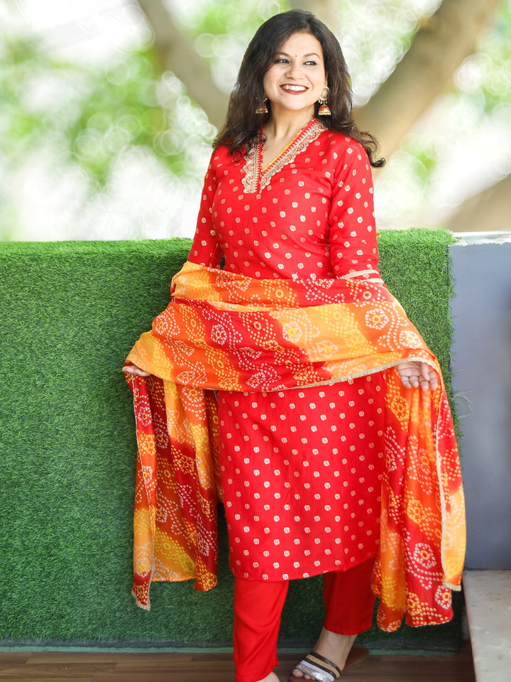 Kiara Bright Red Embellished V Neck Work in Zari Weaved Dola Silk 3 Piece Set