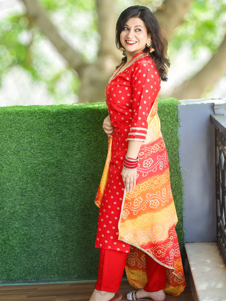 Kiara Bright Red Embellished V Neck Work in Zari Weaved Dola Silk 3 Piece Set