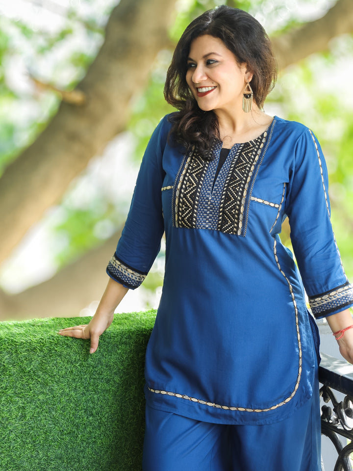 Kiara Royal Blue Thread Embroidered Neck Work Rayon 2 Piece Set