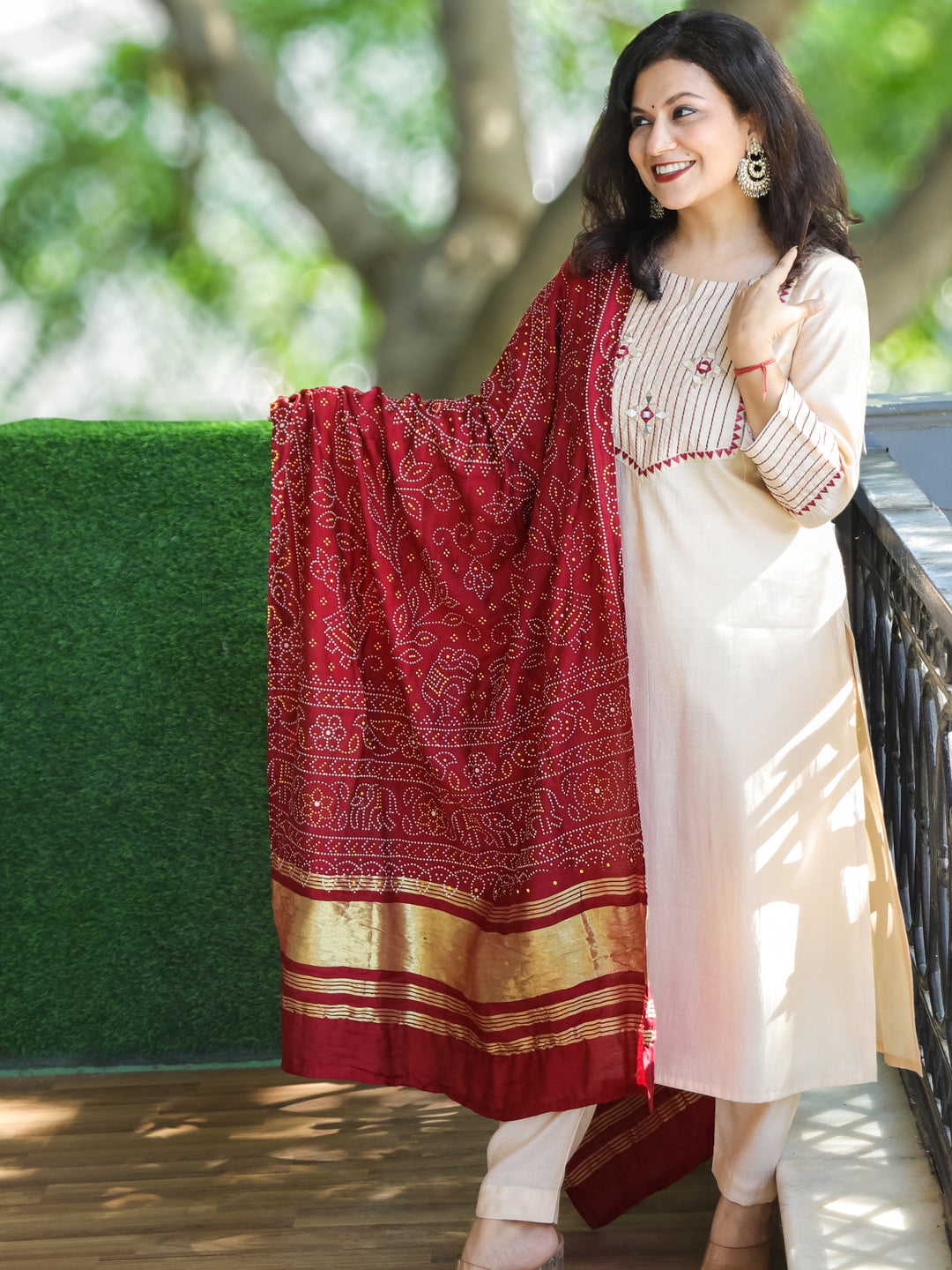 Mayra Cream White Thread Embroidered Neck with Mirror Work Roman Silk 3 Piece Set