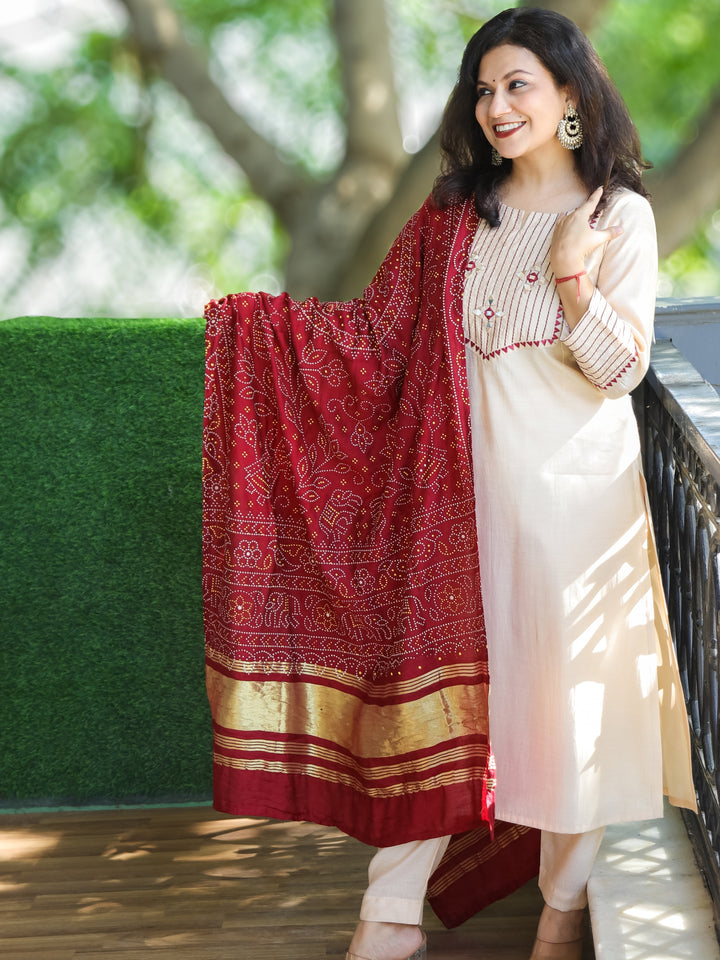 Mayra Cream White Thread Embroidered Neck with Mirror Work Roman Silk 3 Piece Set