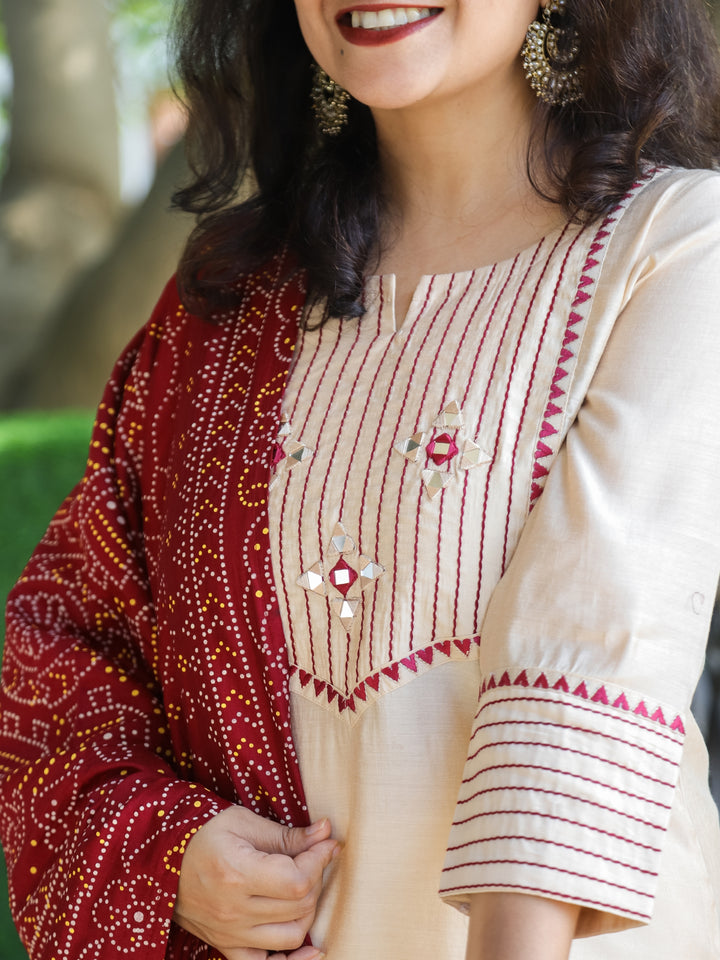 Mayra Cream White Thread Embroidered Neck with Mirror Work Roman Silk 3 Piece Set