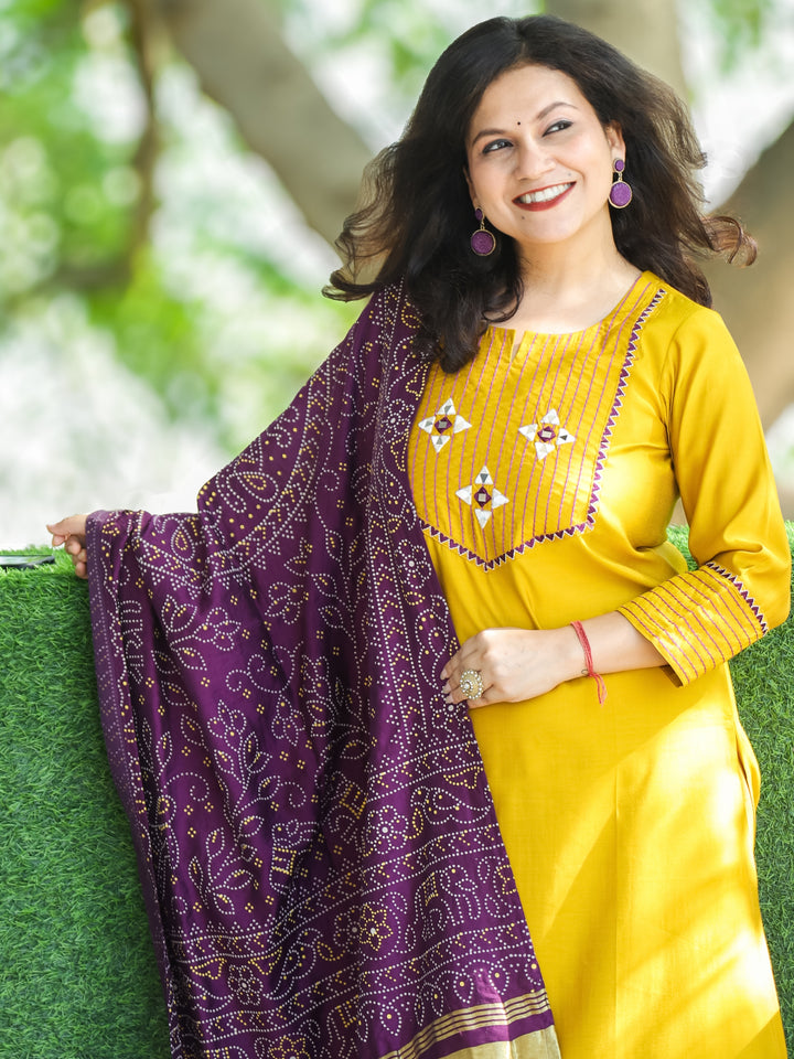 Mayra Turmeric Yellow Thread Embroidered Neck with Mirror Work Roman Silk 3 Piece Set