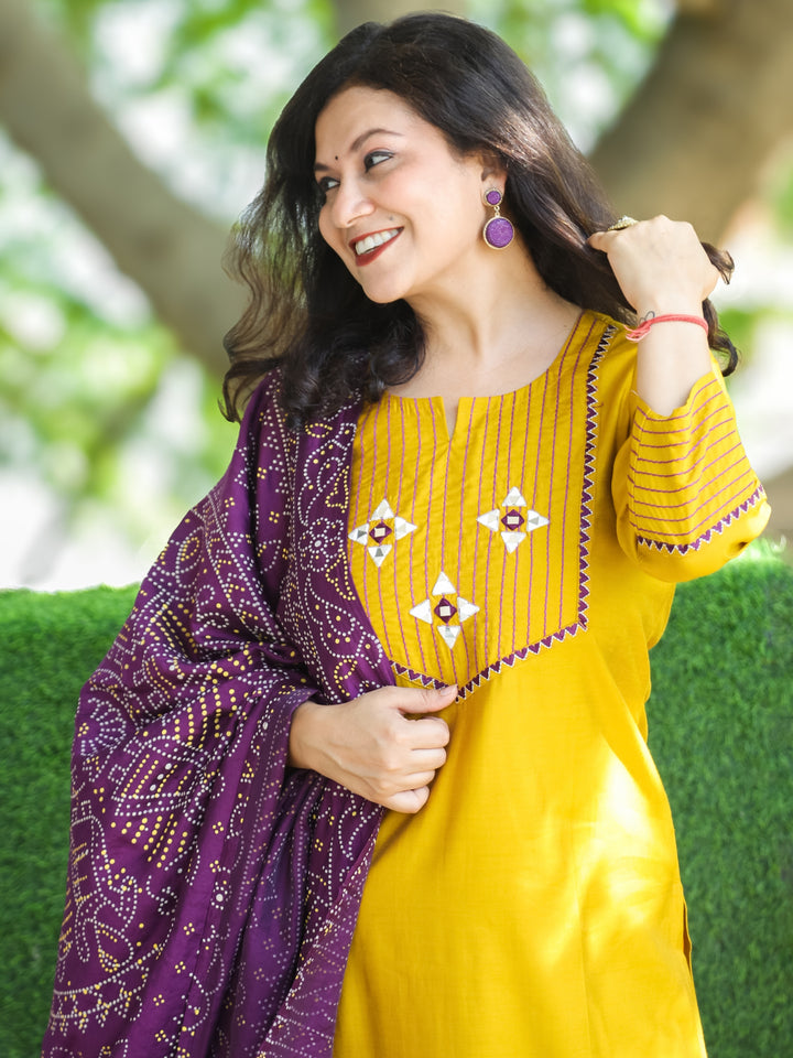 Mayra Turmeric Yellow Thread Embroidered Neck with Mirror Work Roman Silk 3 Piece Set