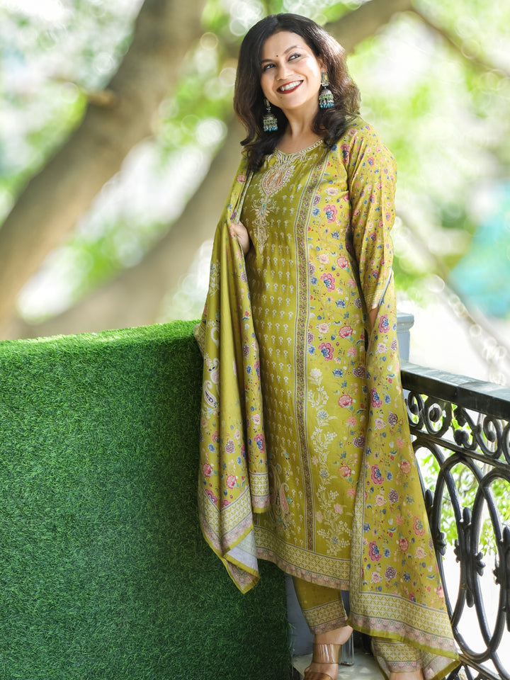Mayra Olive Green Embellish Neck Work in Panel with Floral Printed Modal 3 Piece Set