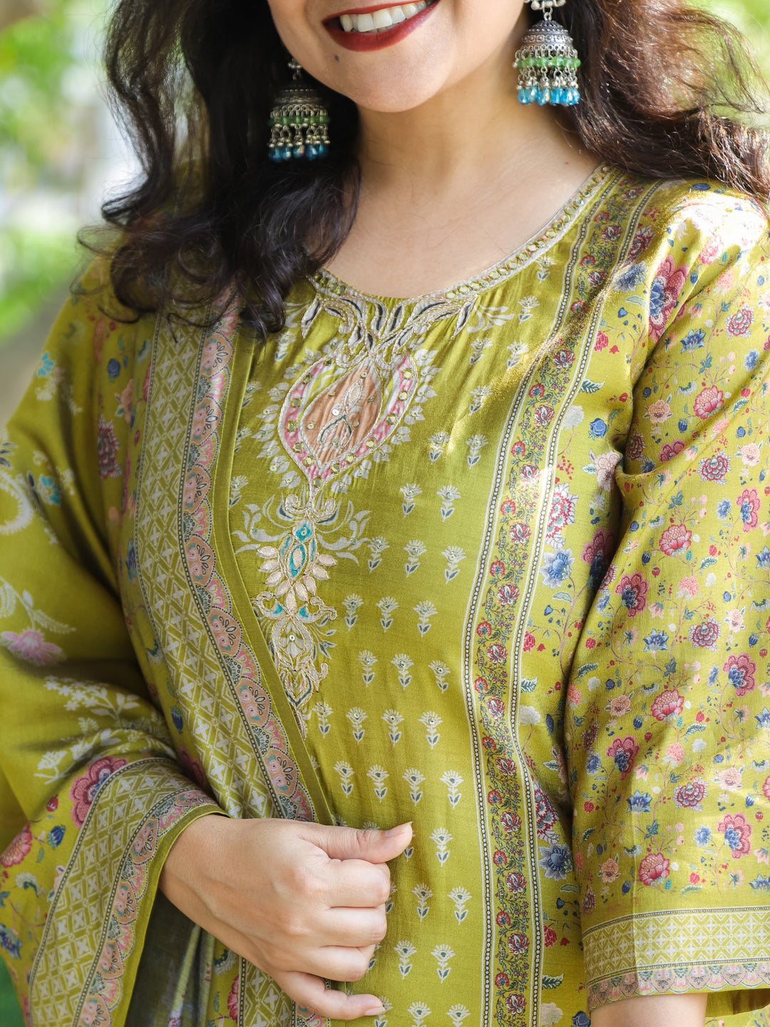 Mayra Olive Green Embellish Neck Work in Panel with Floral Printed Modal 3 Piece Set
