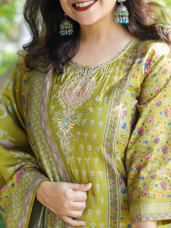 Mayra Olive Green Embellish Neck Work in Panel with Floral Printed Modal 3 Piece Set