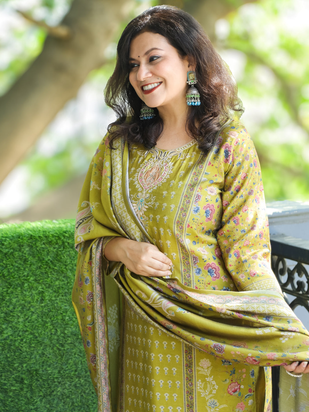 Mayra Olive Green Embellish Neck Work in Panel with Floral Printed Modal 3 Piece Set