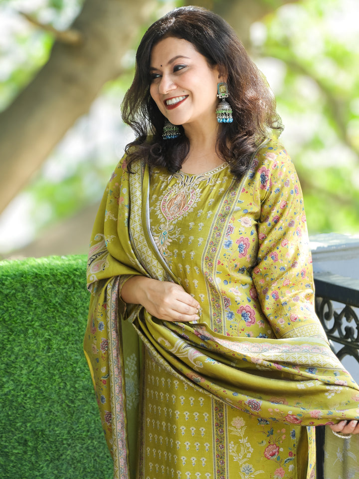 Mayra Olive Green Embellish Neck Work in Panel with Floral Printed Modal 3 Piece Set